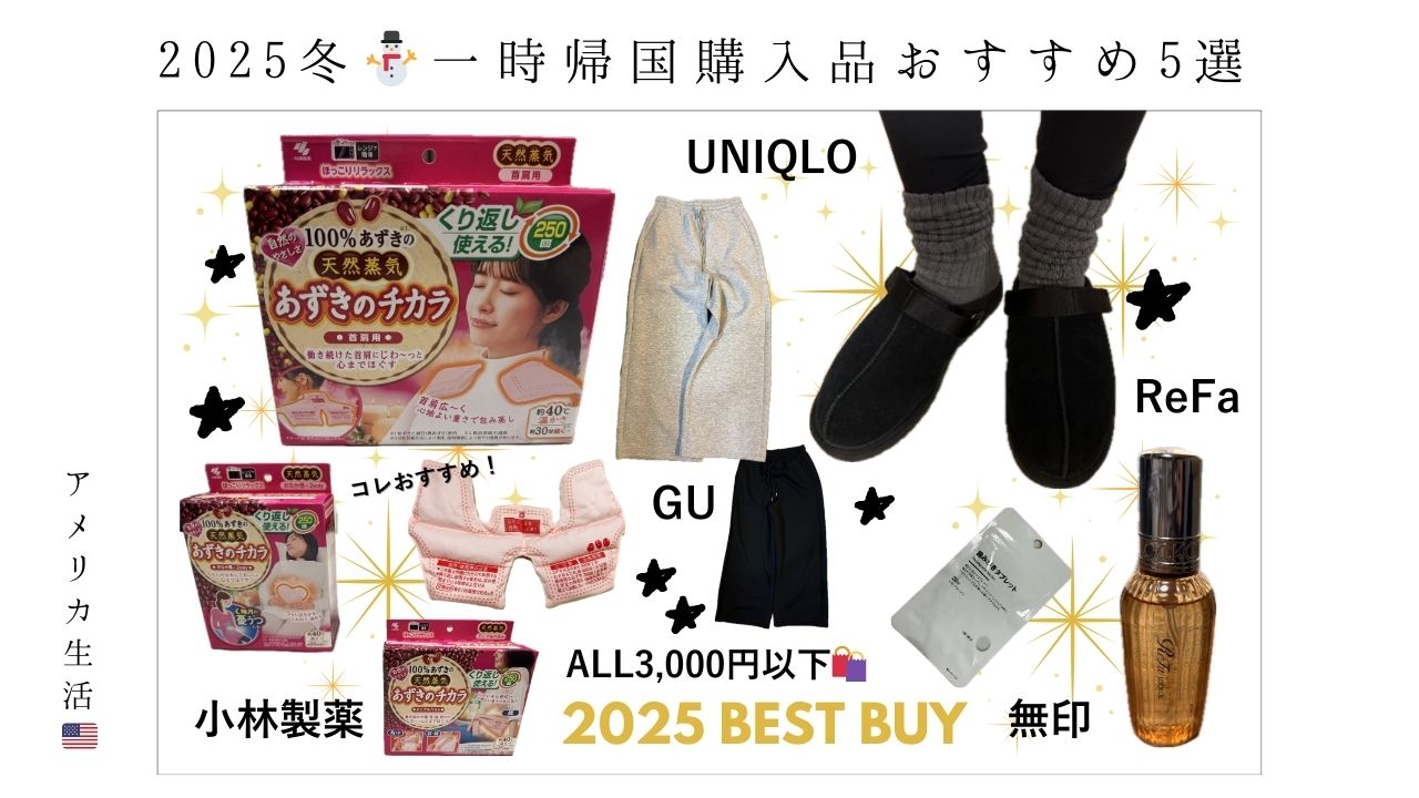 一時帰国_購入品_おすすめ_ベストバイ_子宮内膜症_小豆_カイロ_ユニクロ_GU_スウェット_ルーズソックス_refa_無印_機内_歯みがき