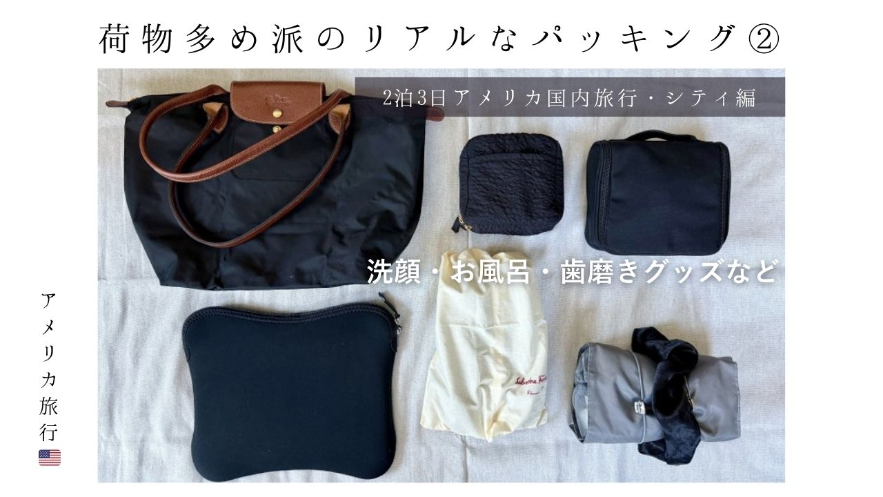アメリカ_国内_スーツケース_2泊3日_パッキング_ロードトリップ_持ち物_お風呂_洗顔_歯磨き_必需品_リスト